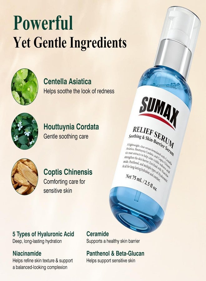 سوماكس سيروم SUMAX Relief - سيروم للوجه مع السنتيلا وحمض الهيالورونيك، للبشرة الحساسة والمعرضة للشوائب، يهدئ مظهر الاحمرار، يدعم حاجز البشرة، خفيف الوزن وغير لزج، 75 مل (2.5 أونصة سائلة) - Image 3